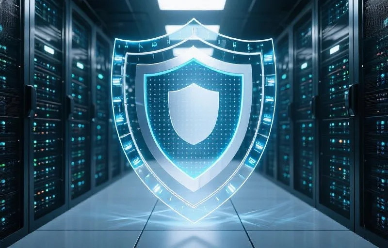 高科技服务器机房与数据安全防护的象征性画面，突出数据保护主题